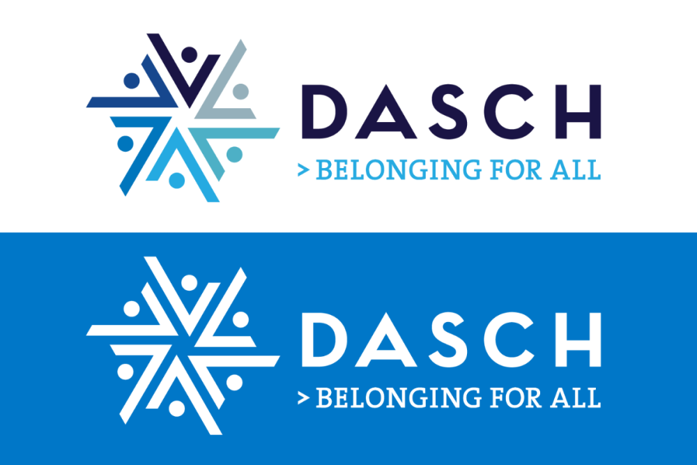 DASCH's logo with new tagline "Belonging For All" in full colours and all white.